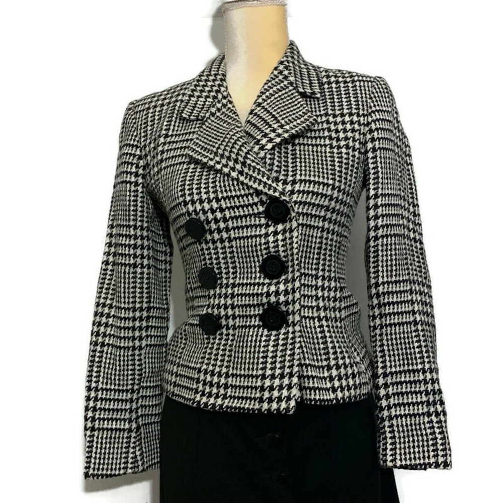 Houndstooth Wool Blend Blazer Suit Jacket Vtg